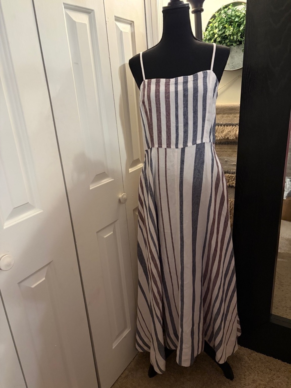 Madewell Striped Linen Maxi Dress in White, Navy & Brown